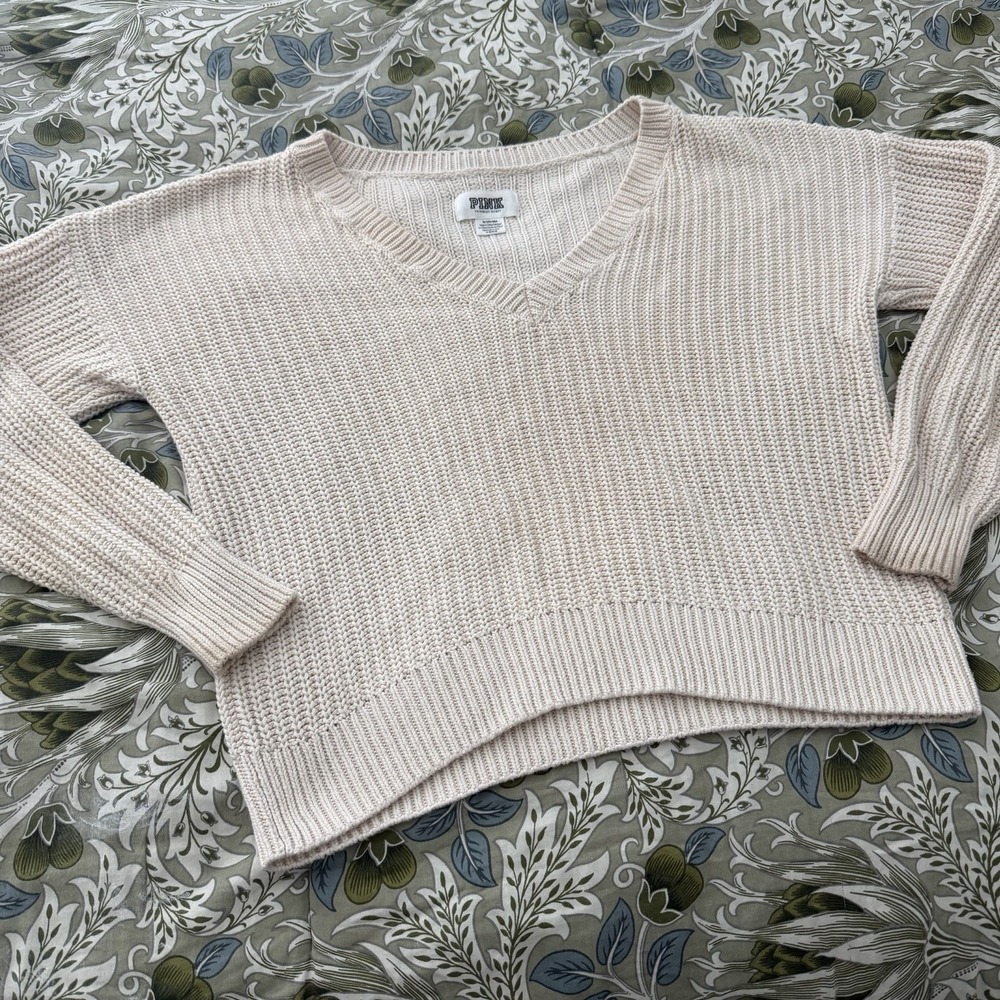 Pink Victoria's Secret Sweater Med Beige V-Neck Relax Pullover Knit 100% Cotton